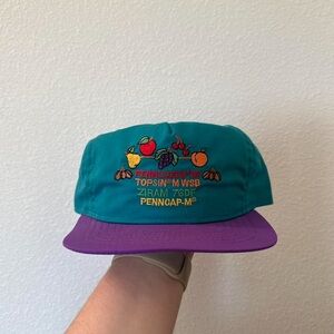 Teal and Purple Cap with Fruit Embroidery